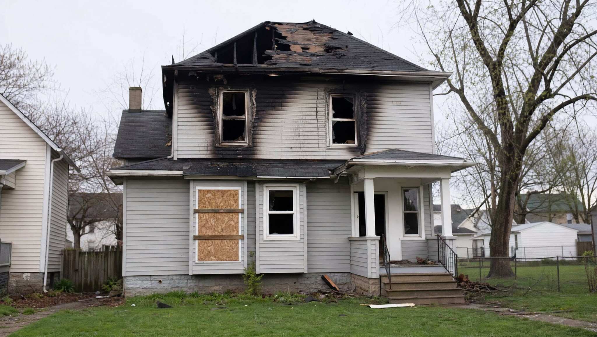 Older two-story frame house with fire damage to the roof and upper windows