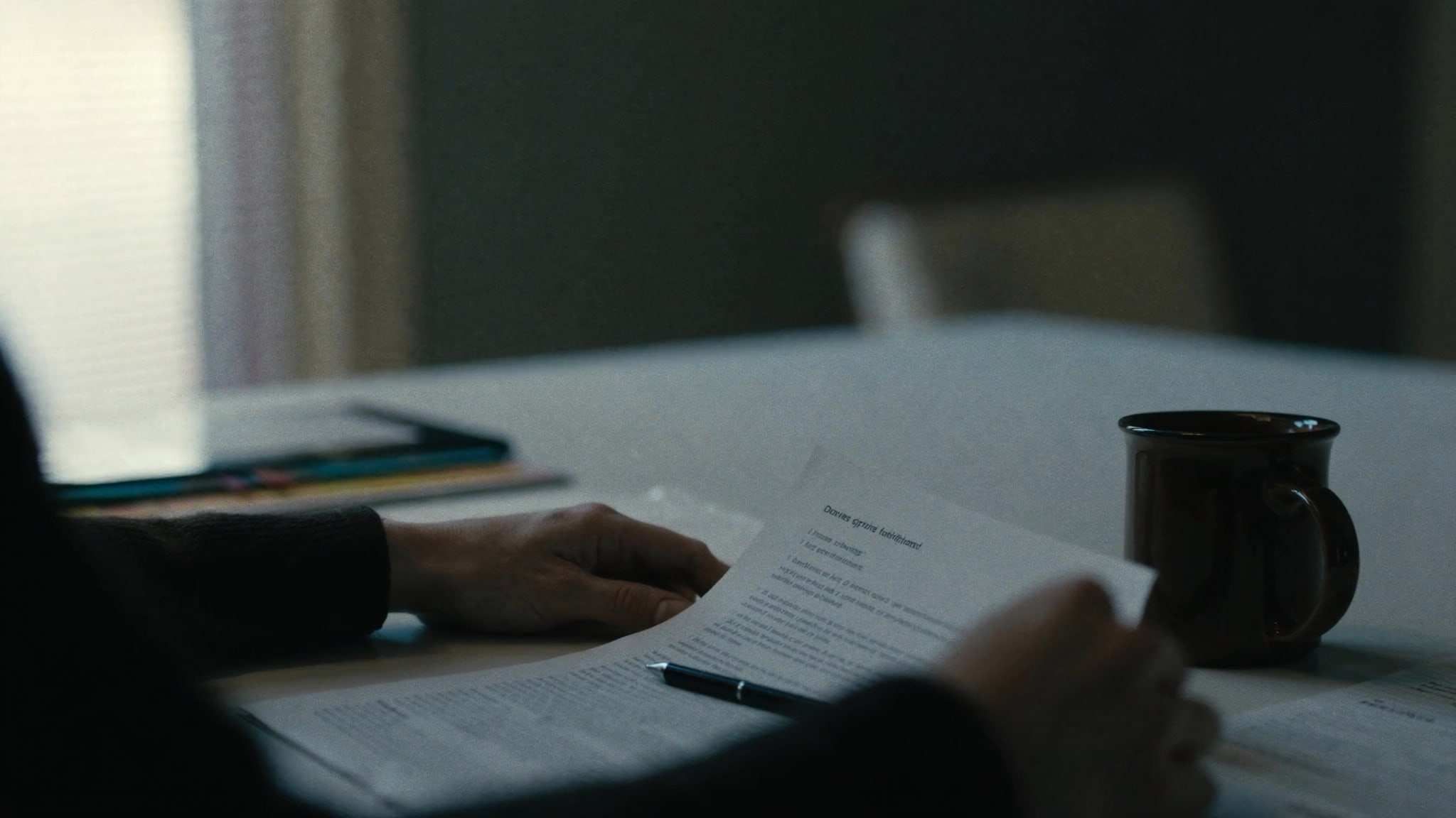 Hands reviewing a printed document with a pen at a kitchen table