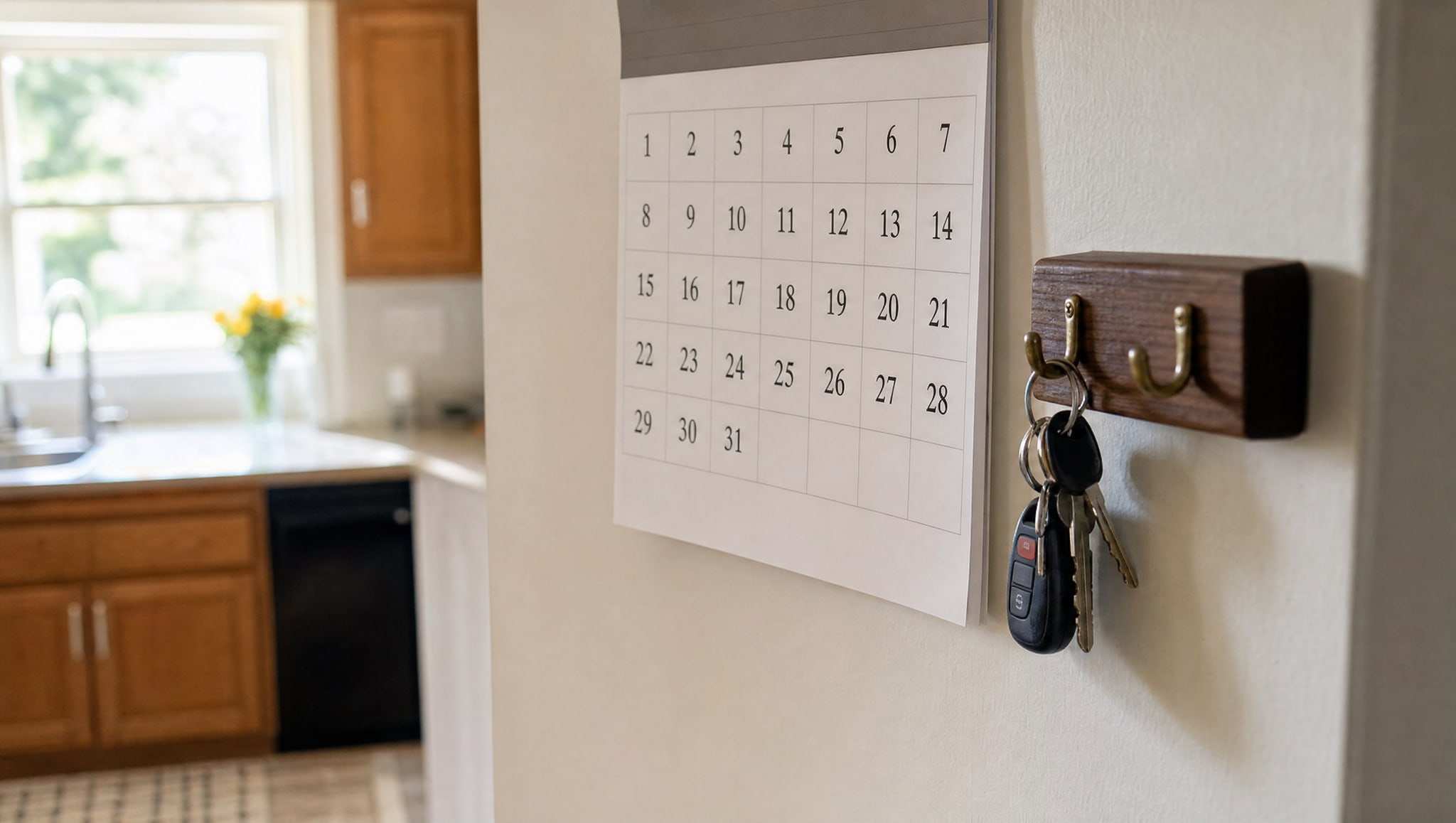 Wall calendar beside a key hook holding a set of house keys