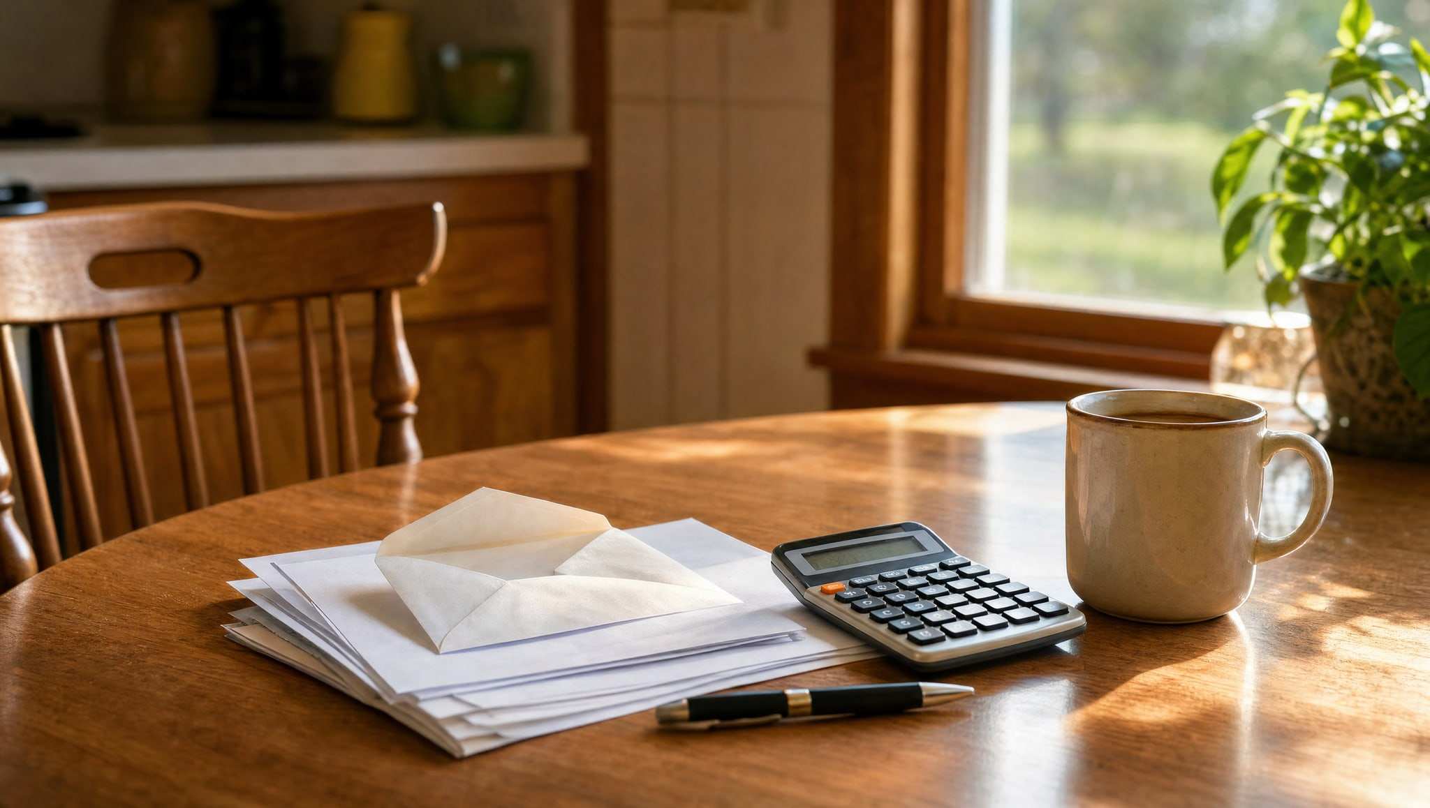 Kitchen table with paperwork, a calculator and a cup of coffee